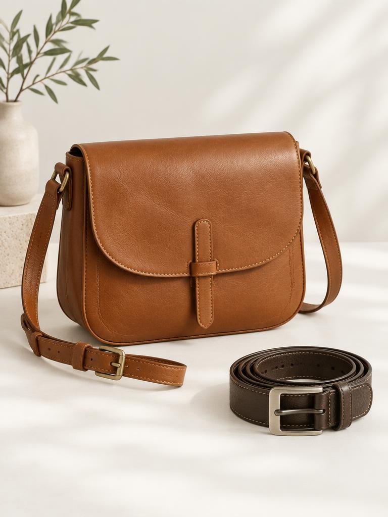 Bolsa e cinto em composição ilustrativa